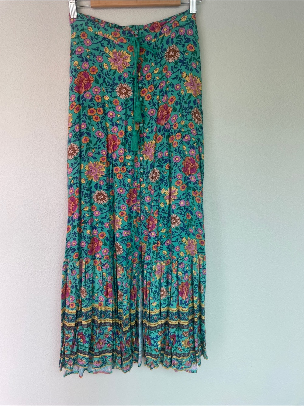SPELL, folk town maxi skirt, UT Drop. Floral Teal Boho Maxi Skirt - Picture 2 of 10